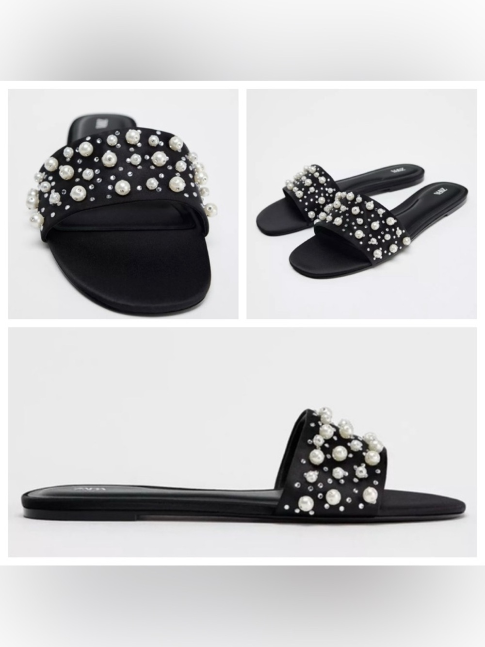 Zara Black Pearl-Embellished Slide Sandals